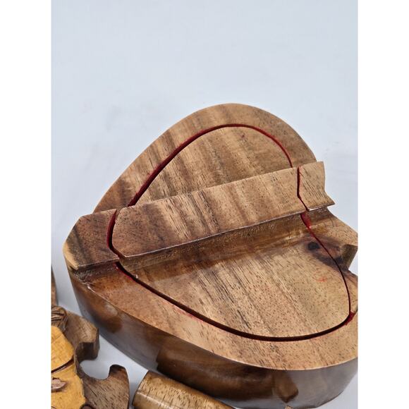 Wooden Carved Heart Hibiscus Floral Flower Puzzle Trinket Jewelry Box - Picture 13 of 16